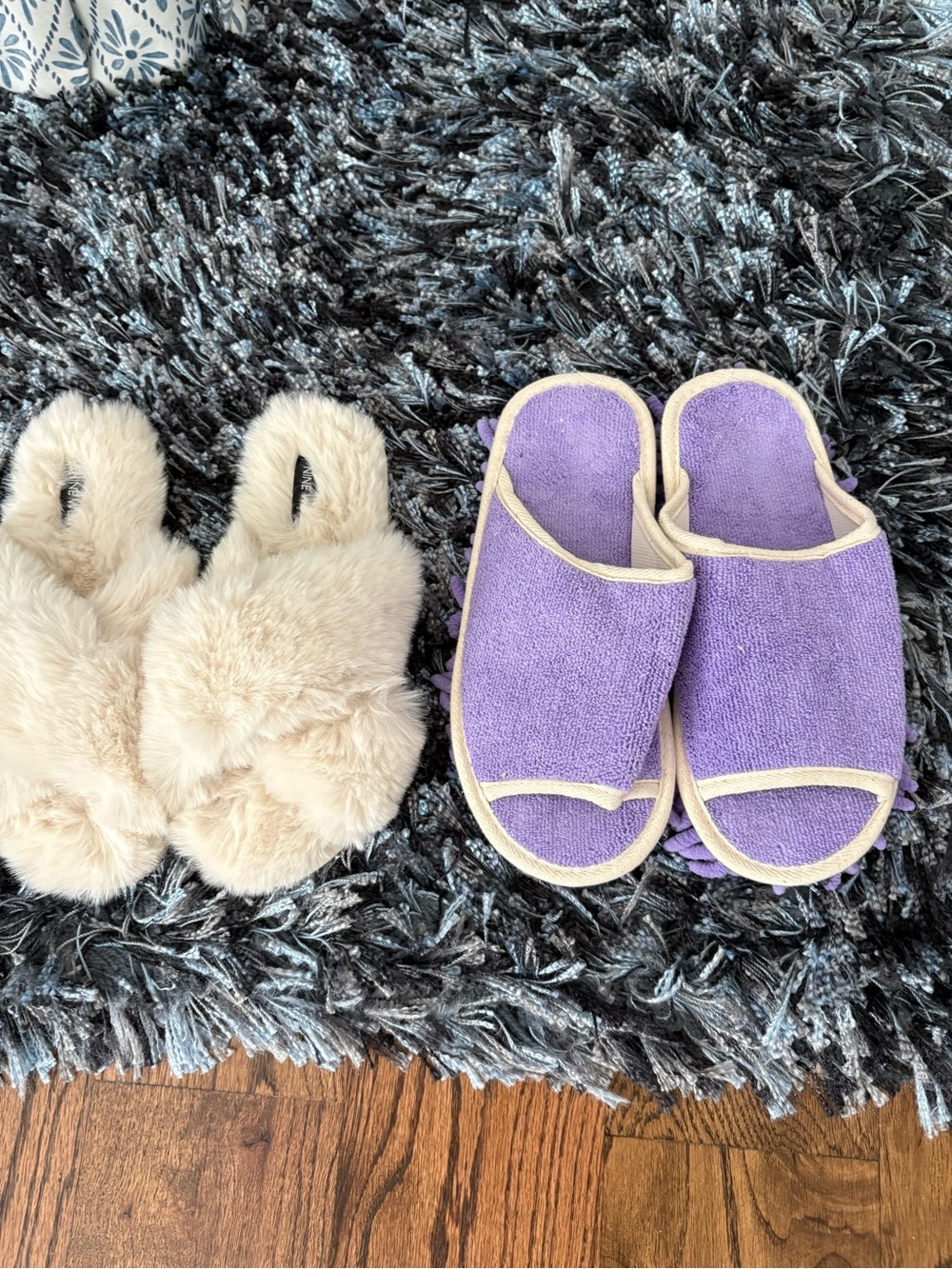 Cream fluffy Open-Toe Slippers by Nine West, purple floor cleaner slippers